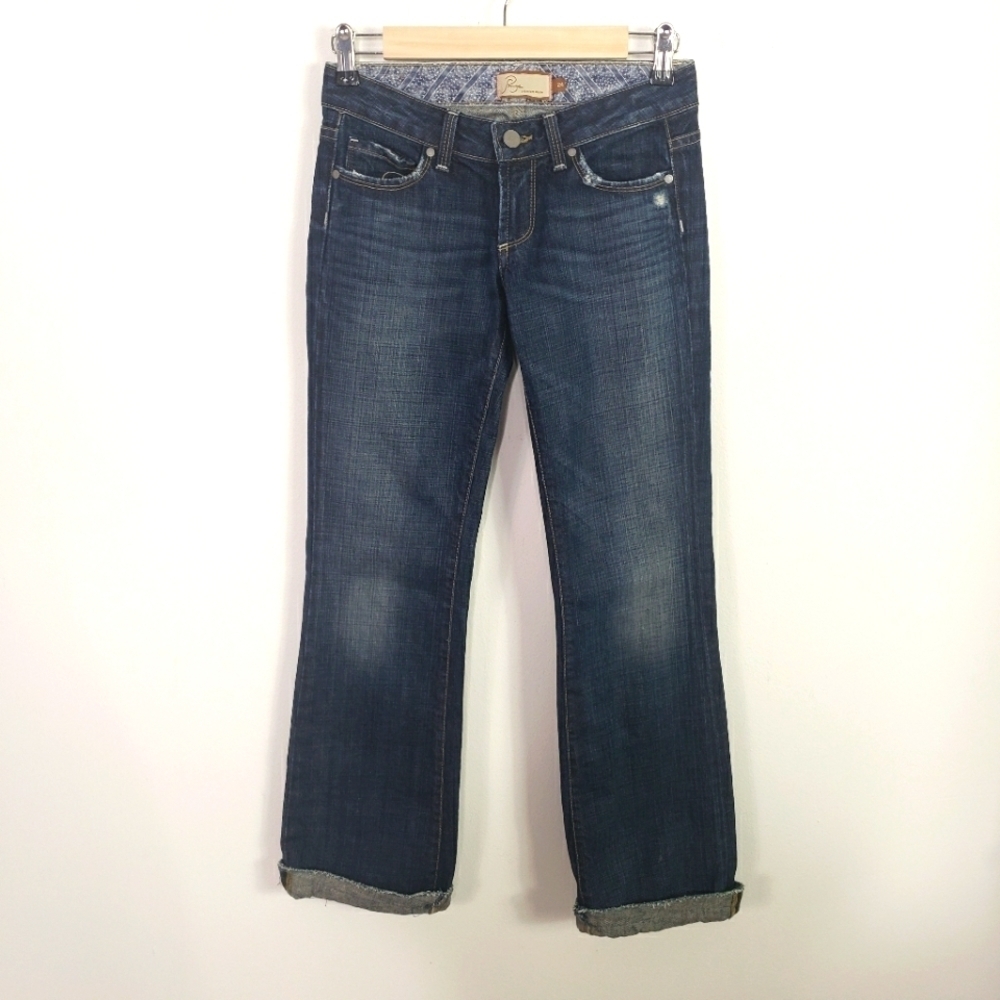 PAIGE Laurel Canyon boot cut jeans roll cuff stitched hem medium wash